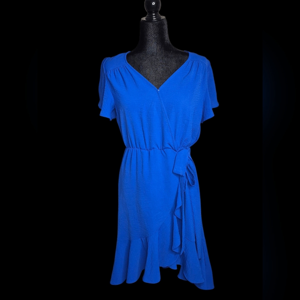 Fred David Women's Elegant Blue Semi-High Low Wrap Dress W/ Asymmetrical Ruffle